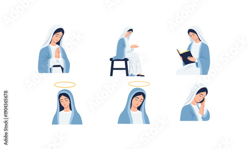 Virgin Mary illustration praying reading and halo vector icons religious figure