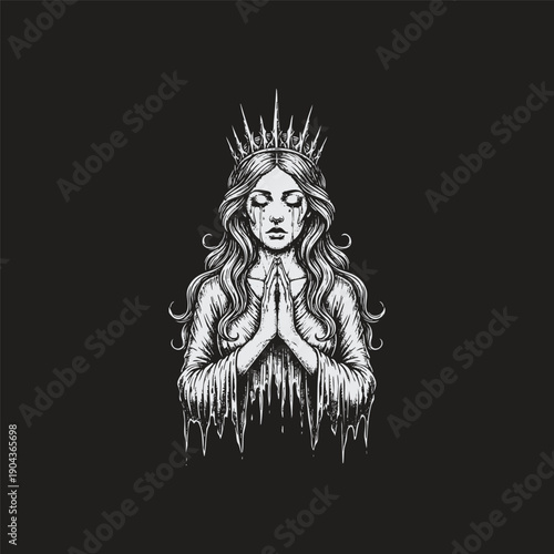Vintage engraving illustration of a weeping queen with a sharp crown praying in dark gothic woodcut style.
