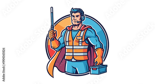 Safety Champion with Tools, Urban Setting, Illustration, Professional Environment, Dynamic Viewpoint