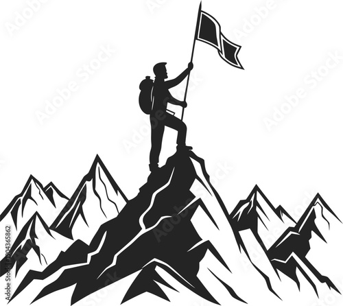 Triumphant Figure Holding Flag on Mountain Summit