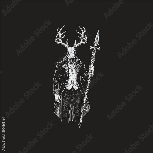Vintage engraving of a mystical gentleman with a deer skull head and antlers holding a ceremonial spear in dark woodcut style