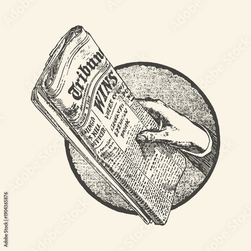Vintage Engraved Hand Holding a Newspaper with Headline "Tribun Wins" in Classic Black and White Style