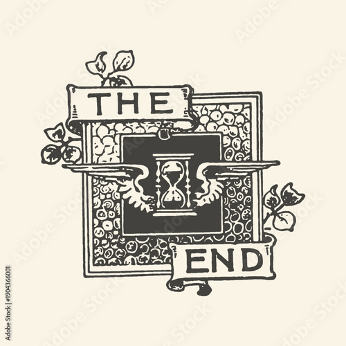 Vintage 'THE END' Title Card Illustration Featuring an Hourglass with Wings and Intricate Decorative Frame in Classic Engraving Style, Perfect for Film or Book Finality