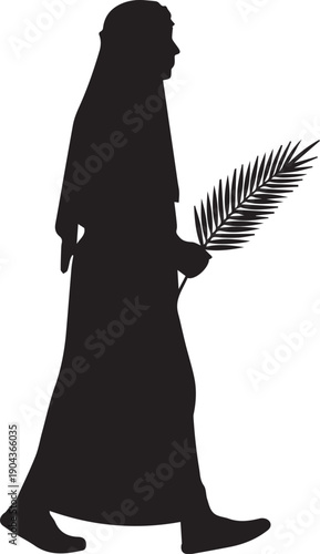 Female carrying palm branch vector silhouette illustration, line art, religious figure