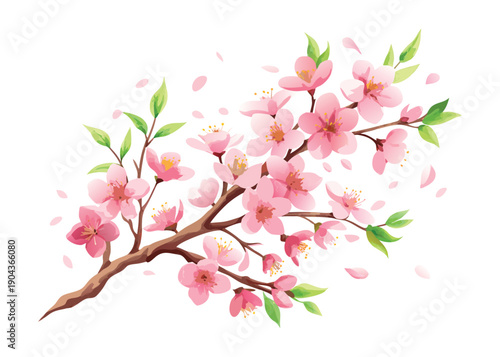 A picturesque branch of pink cherry blossoms with falling petals and fresh green leaves, symbolizing spring.
