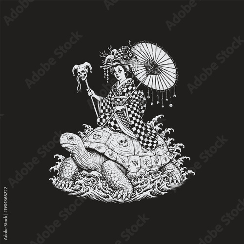 Vintage engraving illustration of a mystical Japanese geisha sitting on a giant turtle shell with skull patterns in dark woodcut style.