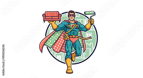 A Colorful Character Transforming Living Spaces in a Vibrant Cityscape Illustration