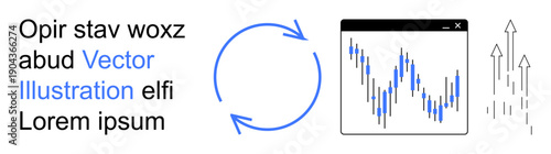 Finance, business growth, data analysis, stock trends, investment strategies, profit tracking. Circular arrows, a graph in a window upward arrows. Finance and business growth concept