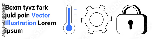 Blue thermometer, gear, and lock representing security, system control, technology, data privacy, customization, optimization. Ideal for tech tools system settings engineering data safety simple