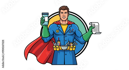Action-Packed Illustration of Superhero with Tools and Prescription, Dynamic Health Environment, Engaging Visual Concept