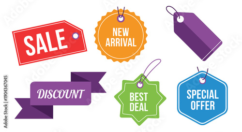 Collection of vibrant promotional sale discount and best deal shopping tags featuring special offers and new arrival announcements for retail marketing