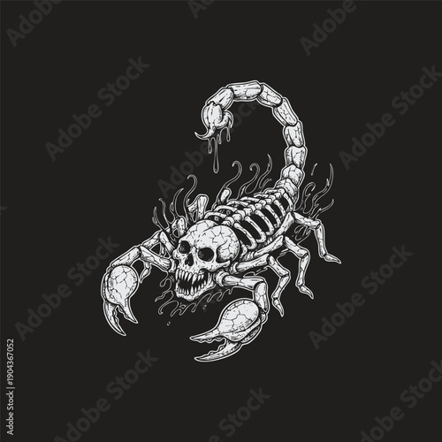 Vintage woodcut engraving of a monstrous scorpion skeleton with a human skull head and dripping venom in dark gothic horror style.
