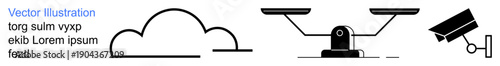 Digital security, legal justice, cloud technology, surveillance, information storage, privacy protection. Minimal black icons of a cloud, scales and security camera. Cloud technology and legal