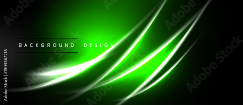 Bright neon green lines flow across dark background. Modern abstract design with text elements. Simple, vibrant, dynamic composition.