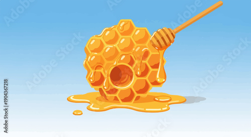 A dripping honeycomb with a wooden dipper on a blue background