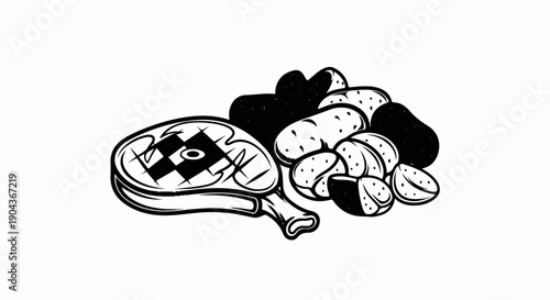 A drawing of a steak with grilled lines and a pile of potatoes