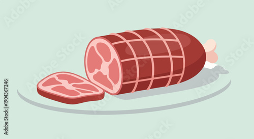 A cooked meat roast with a slice and a bone on a platter