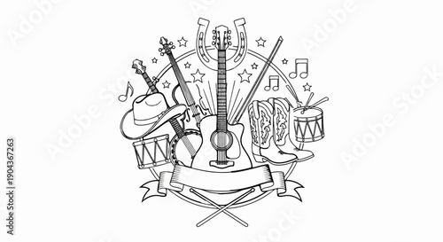 A country music montage featuring guitars, boots, hats, and drums