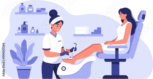 A cosmetologist gives a pedicure to a client in a spa room