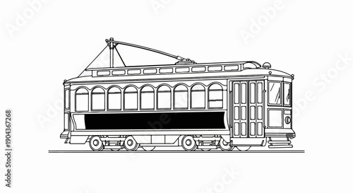A detailed black and white illustration of a classic streetcar on tracks
