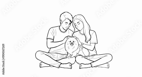 A couple and a dog sit cross-legged, touching the dog affectionately