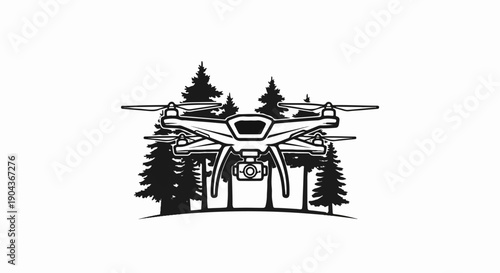 A detailed black and white illustration of a drone hovering above pine trees