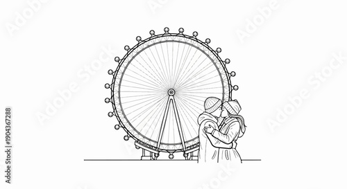 A couple kisses in front of a large Ferris wheel on a white background