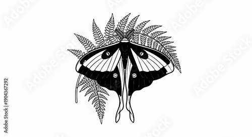 A detailed black and white illustration of a luna moth resting on fern fronds