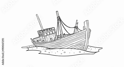 A detailed black and white illustration of a grounded, weathered wooden ship