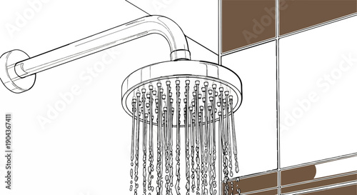 A close-up line drawing of a showerhead with water falling