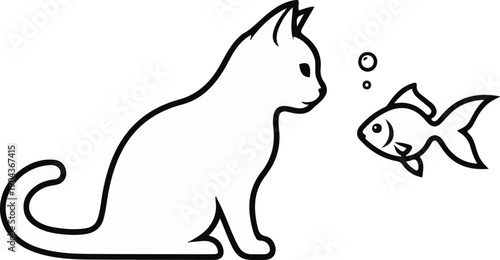 A curious cat stares intently at a small fish swimming with bubbles