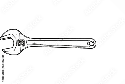 A detailed black and white sketch of an adjustable wrench on a white background