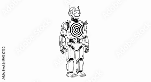 A detailed drawing of a robot with a target and arrow on its chest