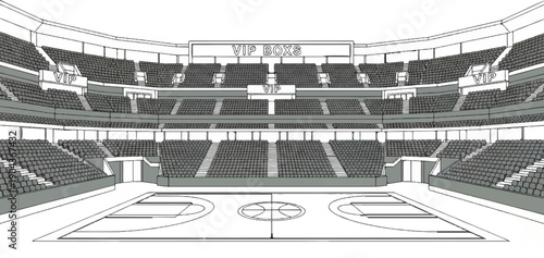 A detailed drawing of a basketball arena with multiple levels of seating and VIP boxes