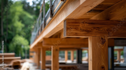 Eco-friendly mass timber building structure, defocused strong glulam wood beams and columns under construction, modern architecture and sustainable design, with copy space