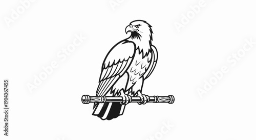 A detailed illustration of a perched eagle with sharp eyes and ruffled feathers