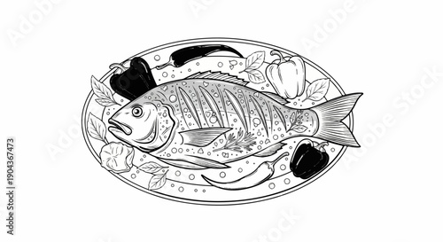 A detailed illustration of a whole fish served with peppers and herbs