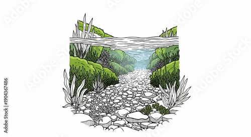 A detailed illustration of a stony riverbed surrounded by lush green foliage