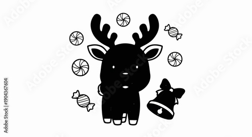 A cute, stylized reindeer with antlers surrounded by festive candies and a bell