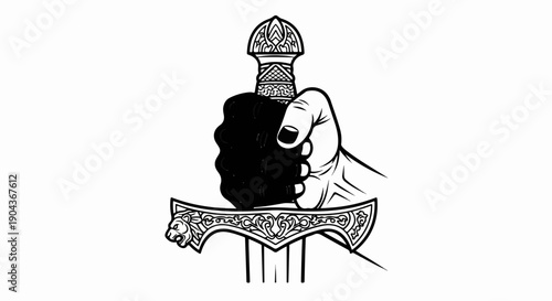 A clenched fist grips the pommel of an ornate sword with lion motifs