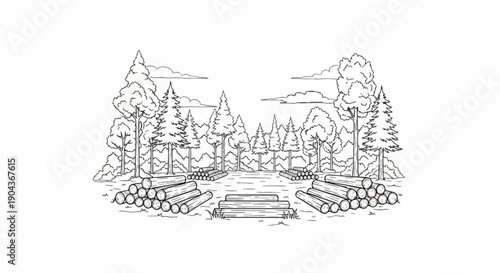 A clearing in a forest with stacked logs and a simple wooden bench