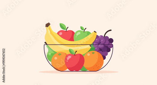 A clear glass bowl brimming with assorted colorful fruits