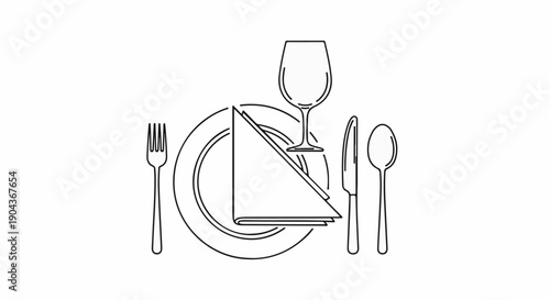 A clean, simple line drawing depicts a formal place setting for one person