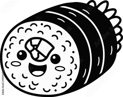 A cute sushi roll with a happy face and simplified features, in a black and white drawing