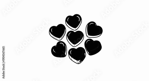 A cluster of seven glossy black heart-shaped candies on a white background
