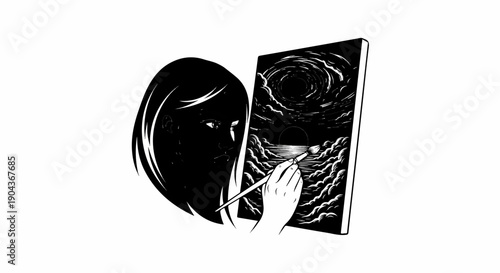 A dark figure with glowing eyes paints a swirling vortex and cloudy sky