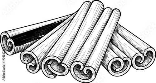 A cluster of rolled cinnamon sticks, artistically rendered in black and white