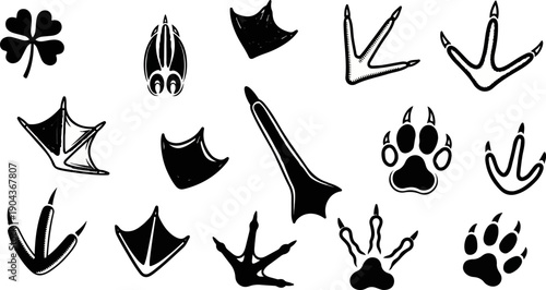 A collection of black and white stylized animal and clover footprints