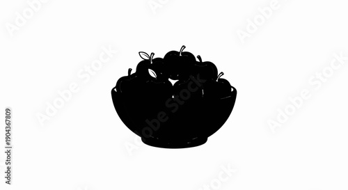 A dark silhouette of a bowl overflowing with apples and leaves