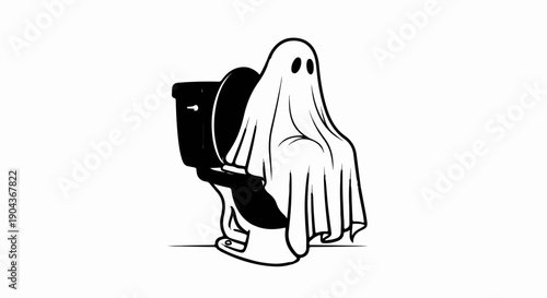 A cartoon ghost wearing a sheet sits on a toilet